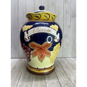 Vtg Cobalt Blue 11" Tall Cookie Jar BISCOTTI Canister Fall Leaves French Country